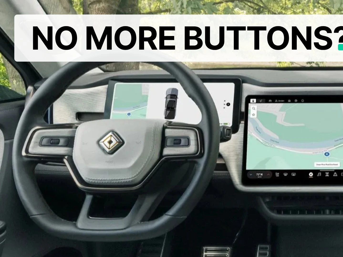 Vue rapprochée de l'intérieur d'un véhicule Rivian, montrant des boutons physiques bien conçus et facilement accessibles sur la console centrale, avec un écran numérique en arrière-plan.