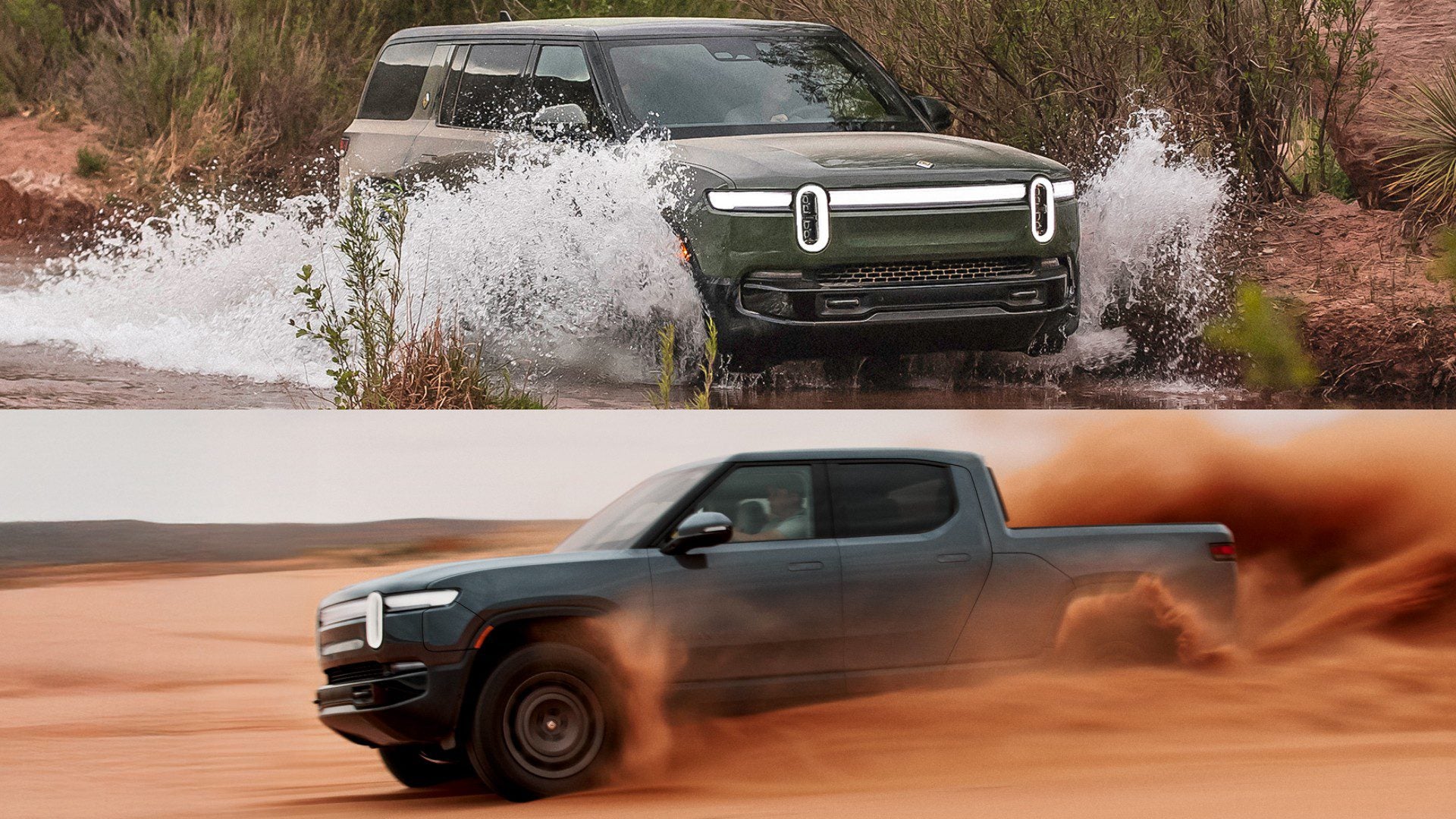 Un pick-up électrique Rivian R1T ou un SUV R1S de couleur vive roulant sur une route de campagne sinueuse, avec un paysage naturel en arrière-plan.