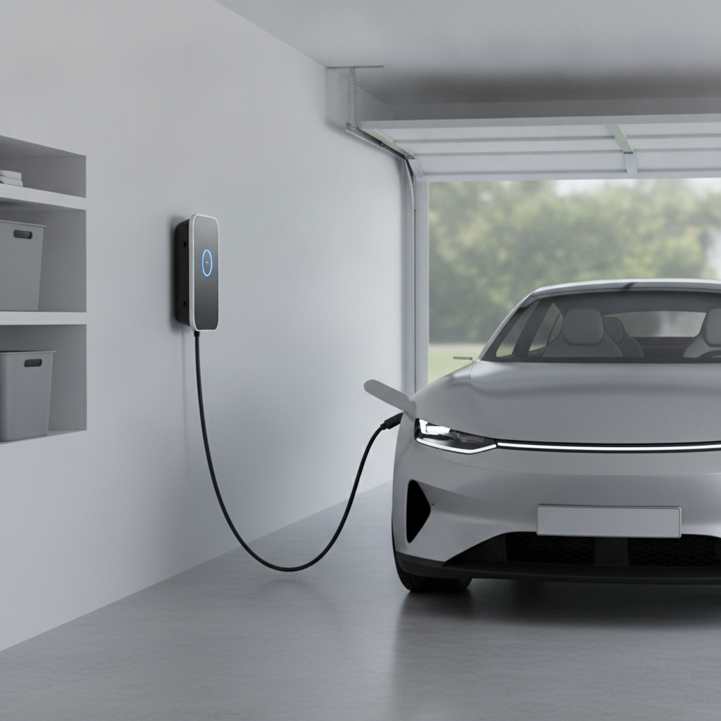 Une borne de recharge pour voiture électrique installée dans un garage résidentiel, branchée à une voiture.