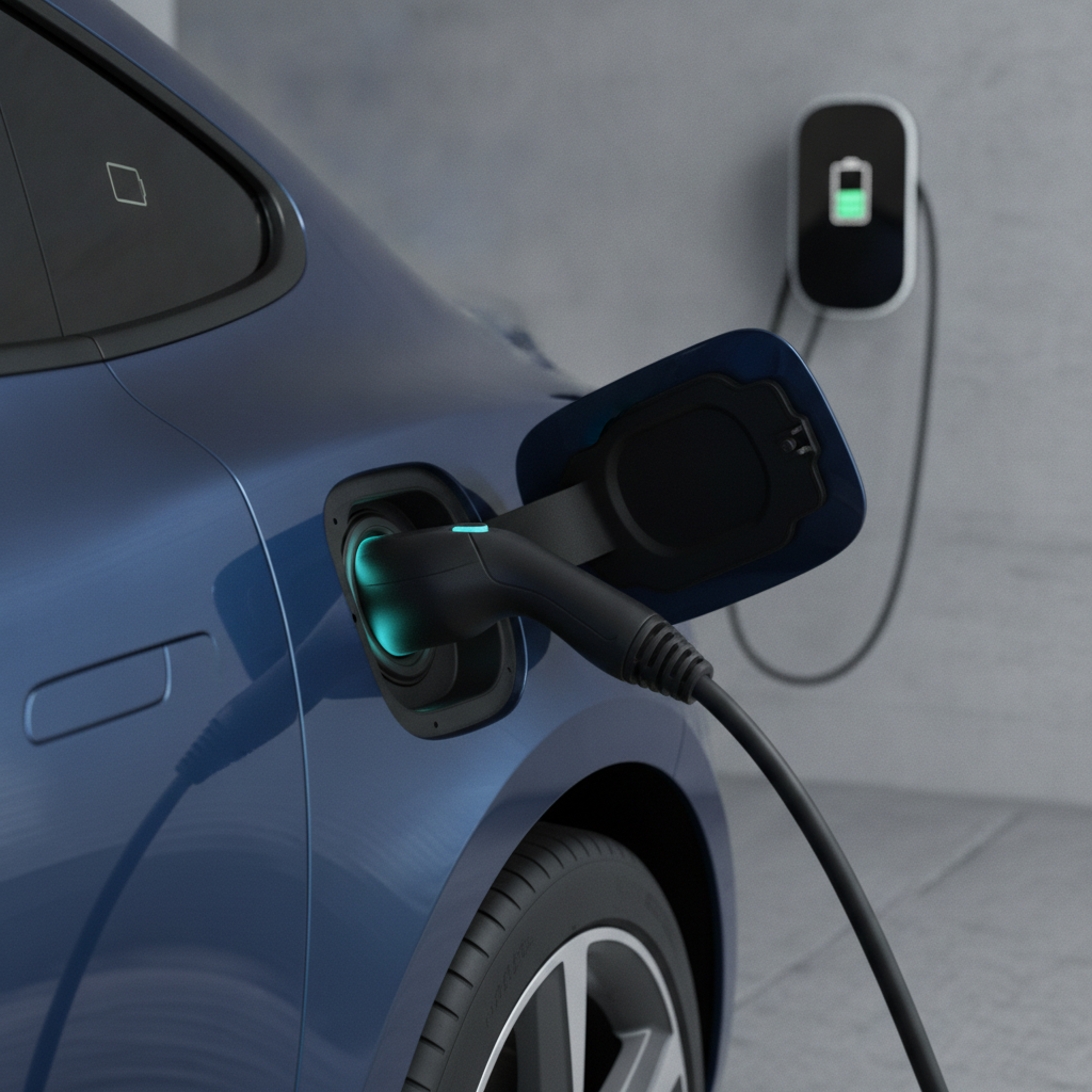 Un véhicule électrique en charge à domicile, le câble branché sur le port de charge, avec un indicateur de batterie affichant un niveau de charge optimal.