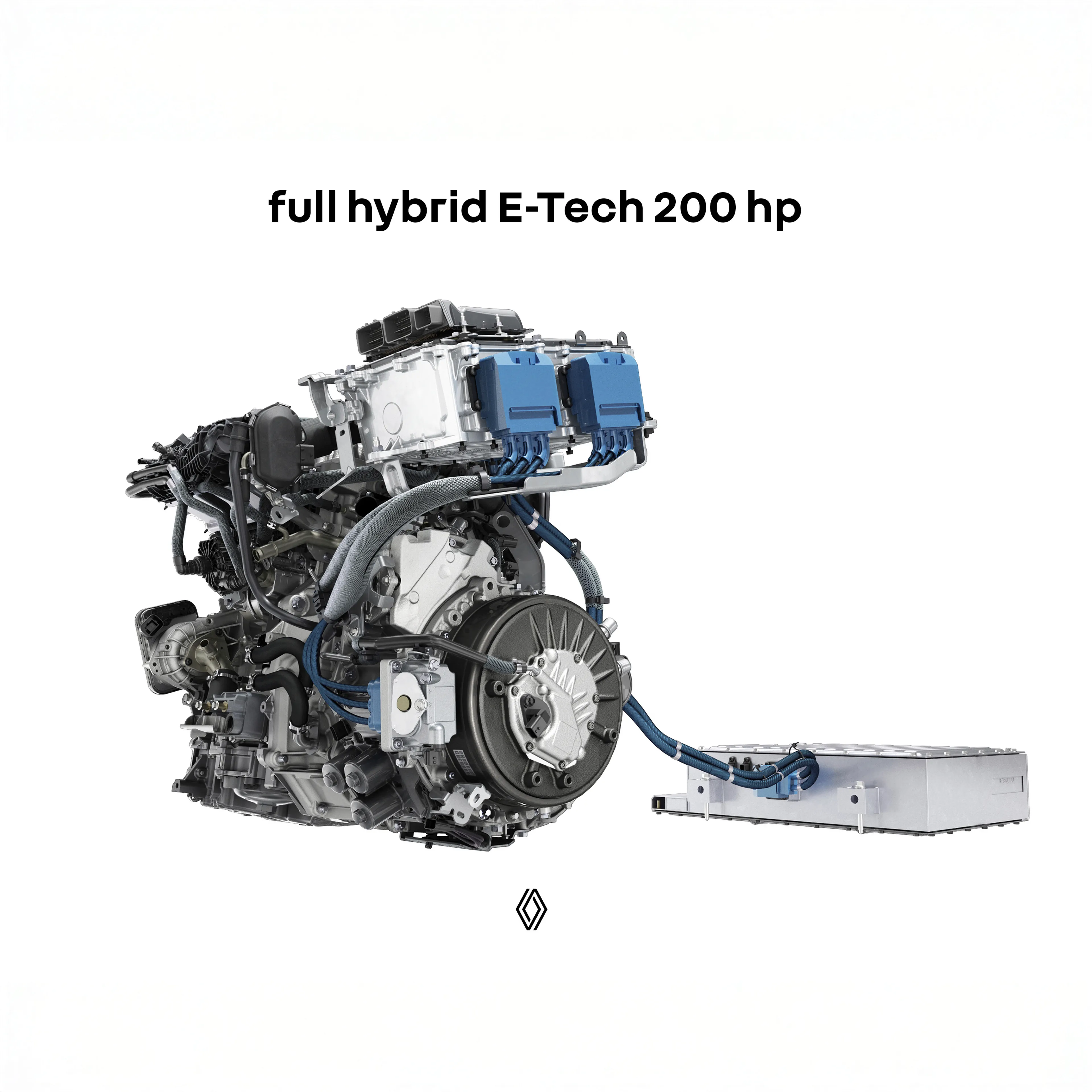 Moteur hybride d'une voiture Renault, montrant les composants électriques et thermiques.