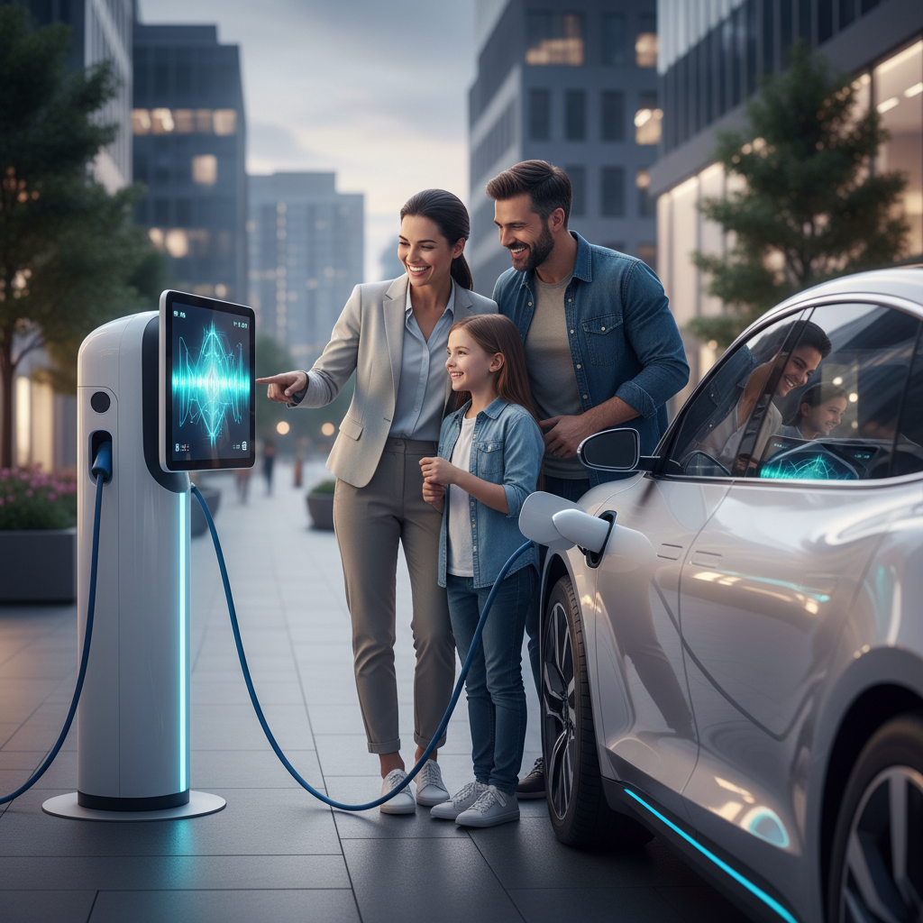 Image d'une famille souriante rechargeant une voiture électrique à une borne de recharge.