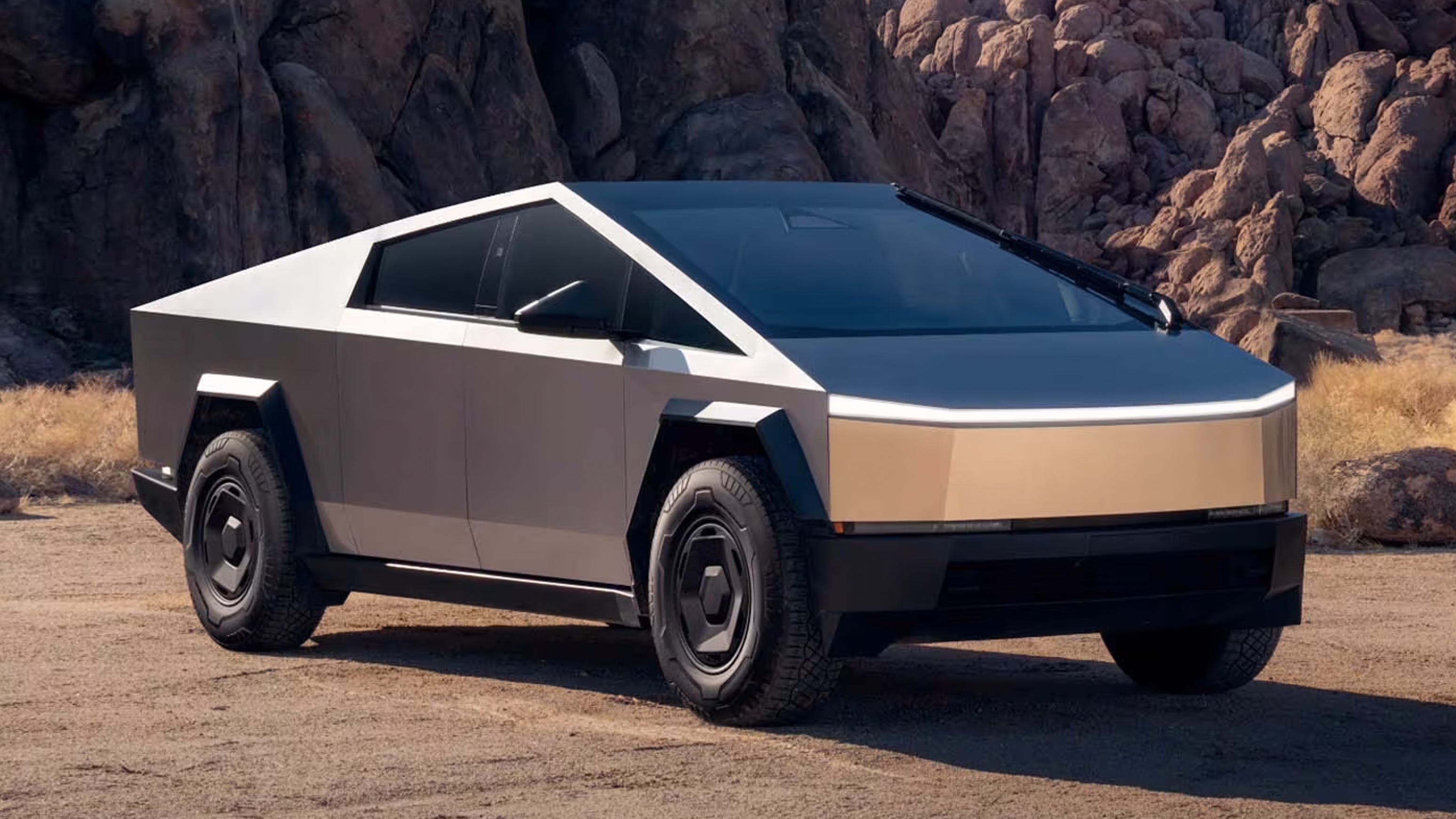 Vue extérieure du Tesla Cybertruck Dual Motor AWD 2026, un pick-up électrique au design angulaire et futuriste.