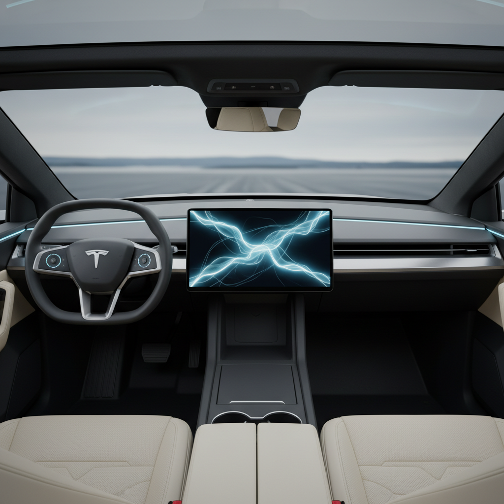Intérieur du Tesla Cybertruck 2026, montrant le tableau de bord épuré et le grand écran central.