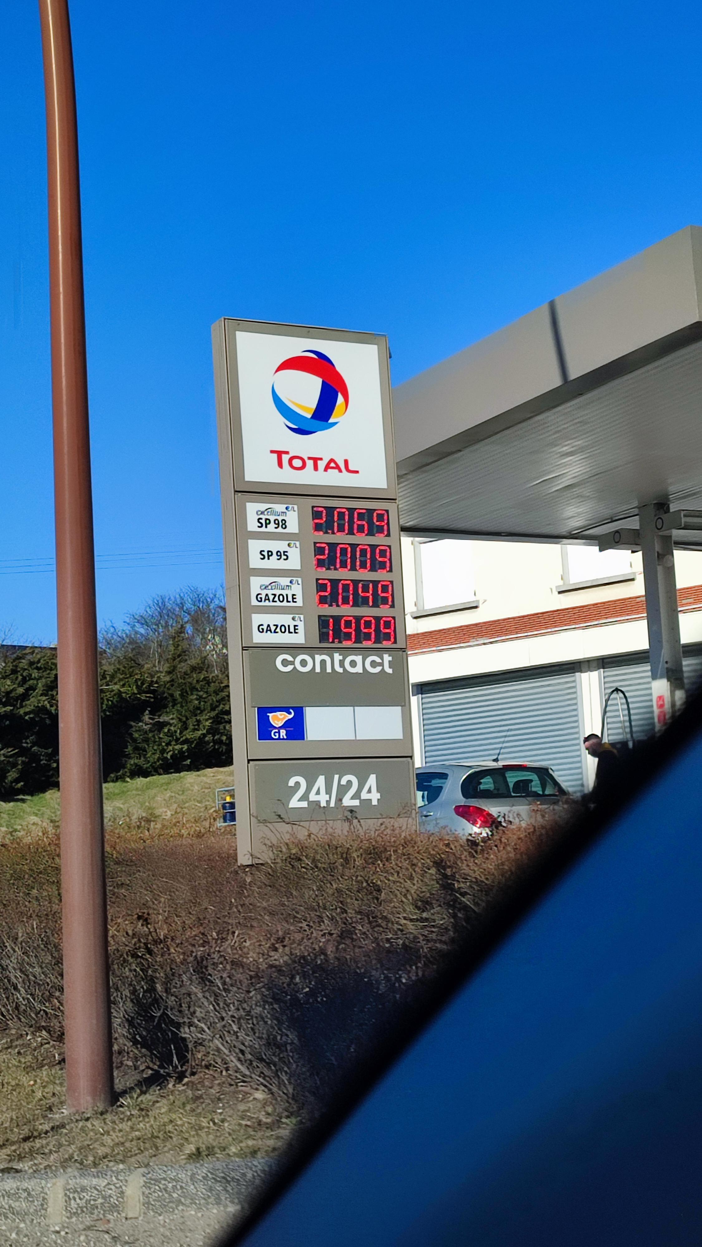 Gros plan sur un pistolet de pompe à essence en train de remplir un réservoir de voiture, l'écran affichant un prix supérieur à 2 euros le litre.