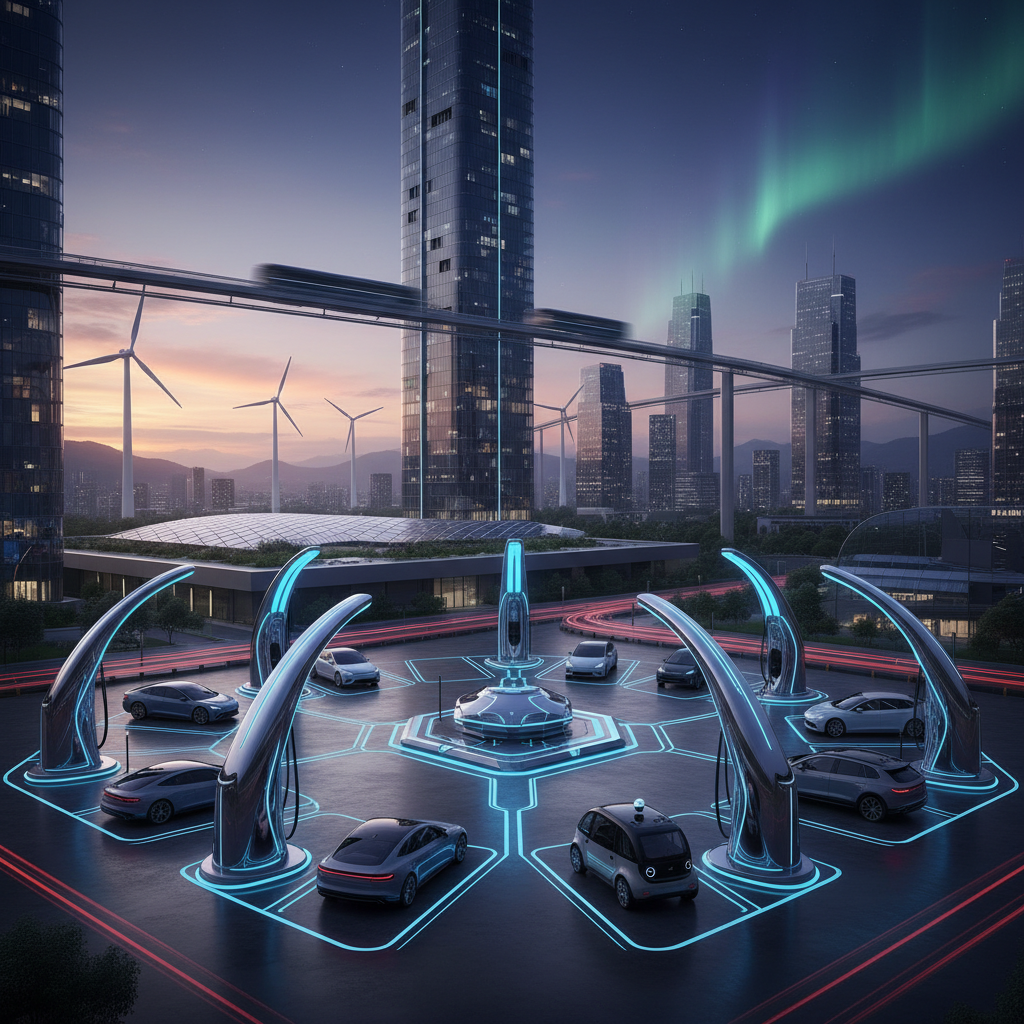 Une station de recharge futuriste pour véhicules électriques, avec plusieurs points de charge et des véhicules électriques de différents constructeurs, entourée d'éléments suggérant des sources d'énergie renouvelable en arrière-plan.
