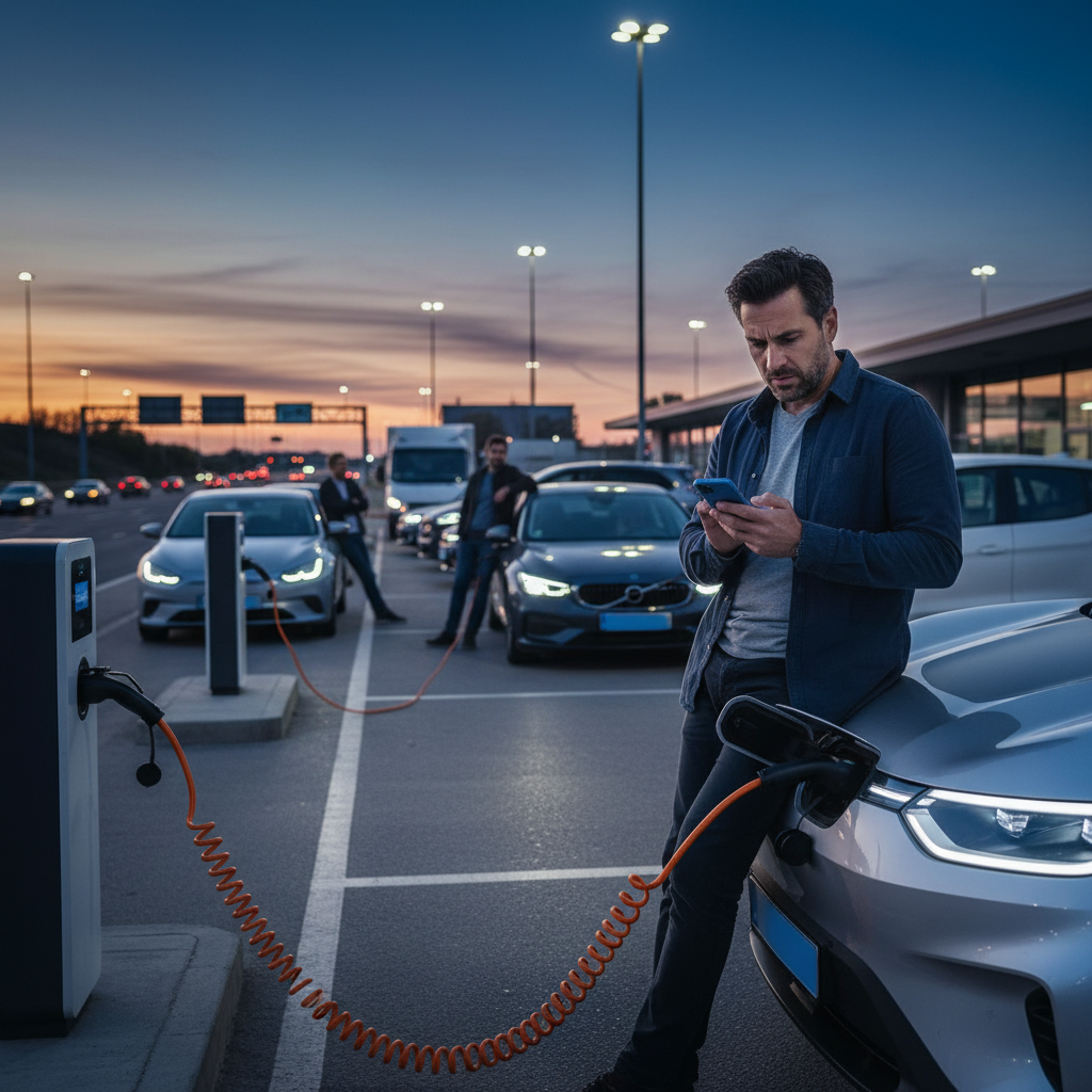 Un conducteur de véhicule électrique semble anxieux en attendant la fin de la recharge de sa voiture à une borne publique.