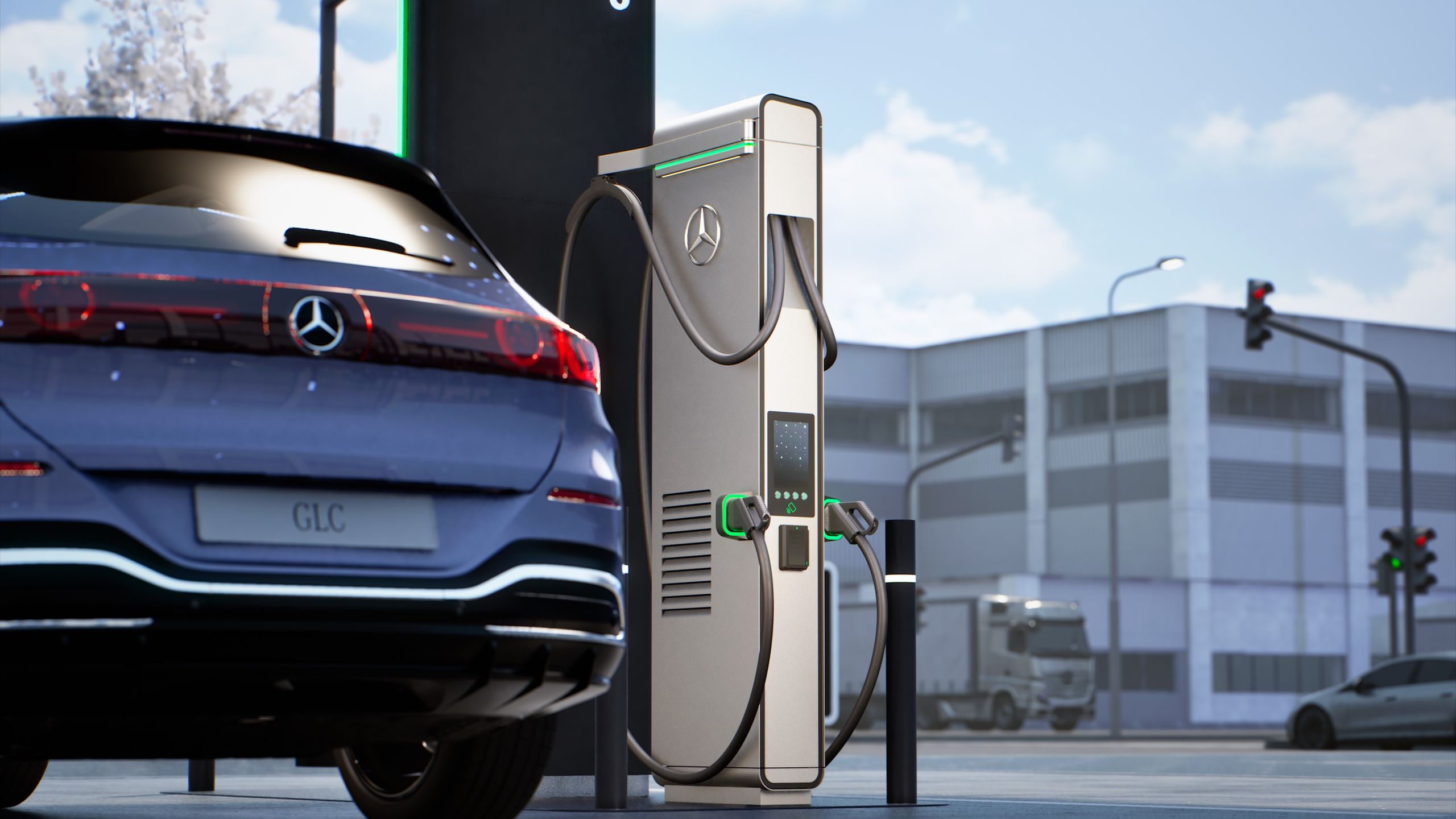 Une Mercedes-AMG GT électrique en train de charger à une station de recharge ultra-rapide de 600 kW.