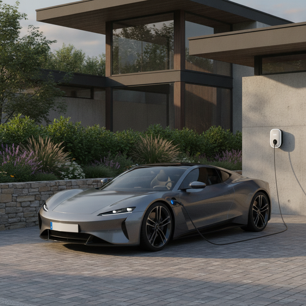 Une voiture électrique branchée à une borne de recharge à domicile, illustrant l'économie d'énergie.