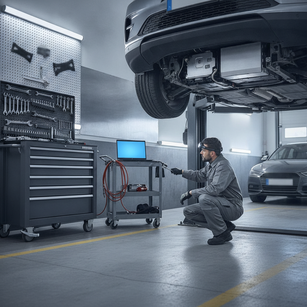 Un mécanicien inspectant le dessous d'une voiture électrique dans un garage, mettant en évidence la simplicité de l'entretien.