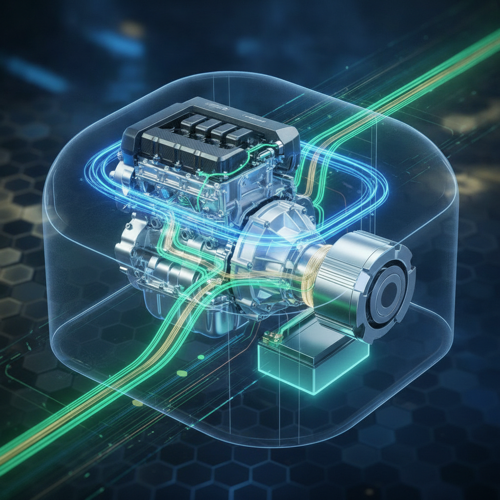 Une illustration technique ou abstraite du système hybride d'une voiture, montrant des composants électriques et thermiques interconnectés, symbolisant l'efficacité énergétique.