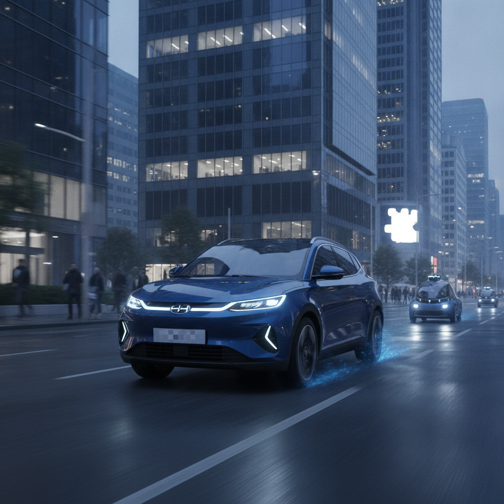 Une BYD Atto 2 DM-i de couleur claire roulant sur une route urbaine, avec des bâtiments modernes en arrière-plan, suggérant une conduite électrique silencieuse.