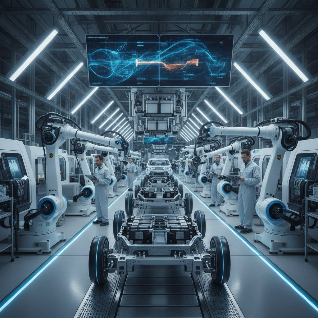 Des robots et des techniciens travaillent sur une chaîne de montage automatisée dans une usine européenne, assemblant des voitures électriques.