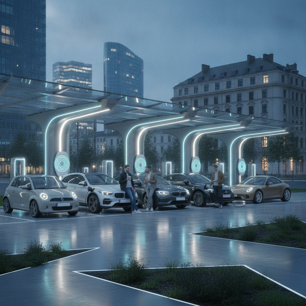 Plusieurs voitures électriques de différents modèles et tailles sont garées et en charge à une station de recharge moderne en Europe.