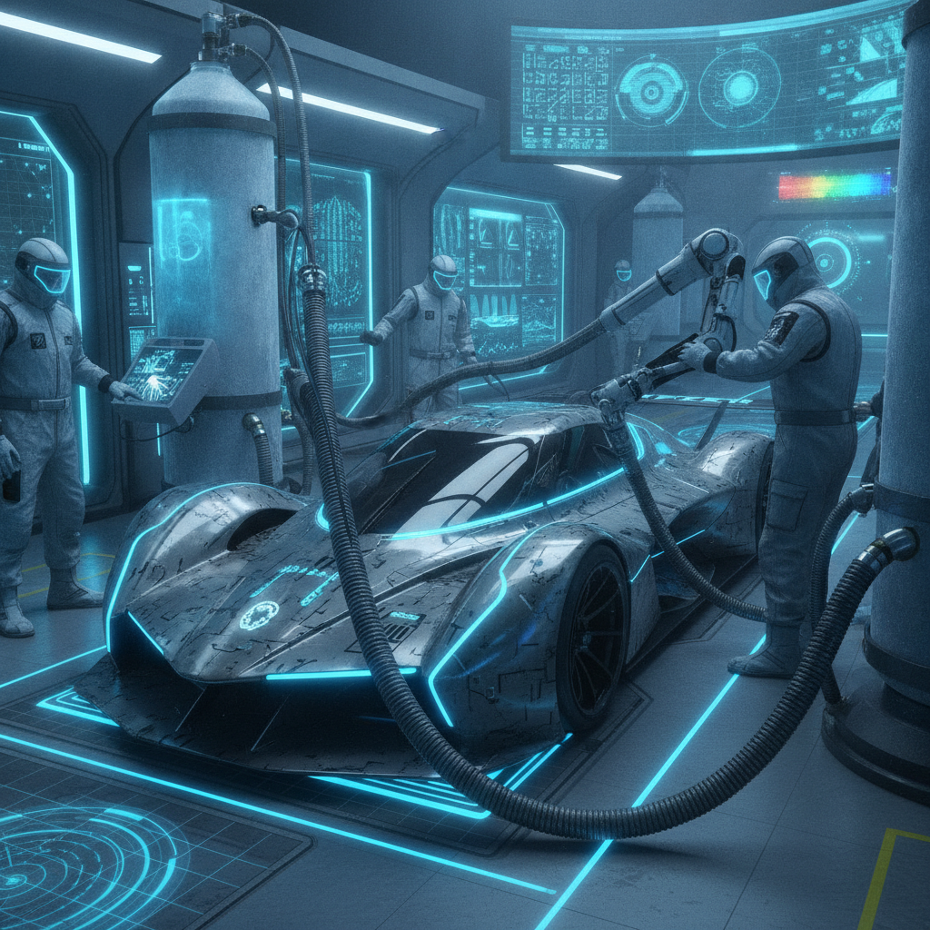 Image d'une voiture de course à hydrogène en cours de ravitaillement avec de l'hydrogène liquide, mettant en évidence les réservoirs cryogéniques et les procédures de transfert sophistiquées dans une voie des stands futuriste.