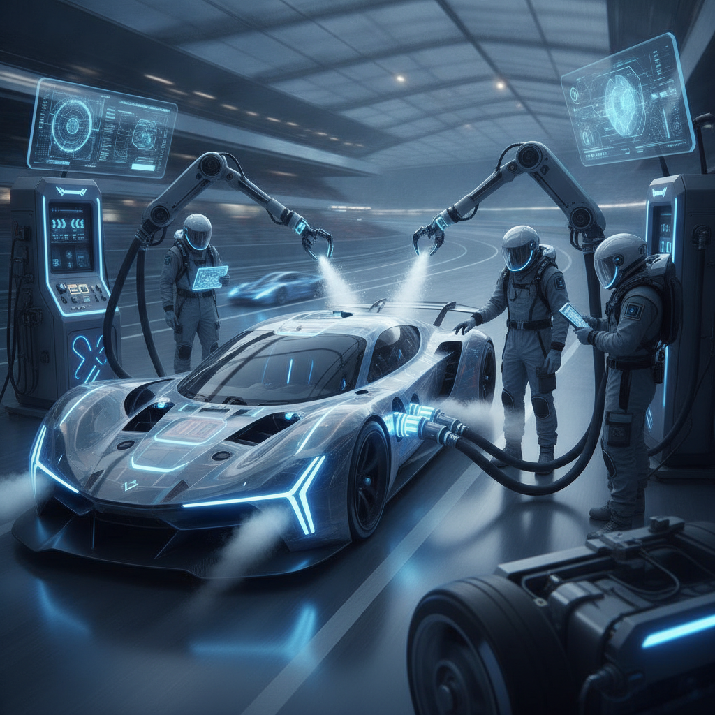 Image montrant une voiture de course futuriste à hydrogène en plein ravitaillement dans les stands, avec des équipements de haute technologie et des techniciens en combinaisons ignifugées.