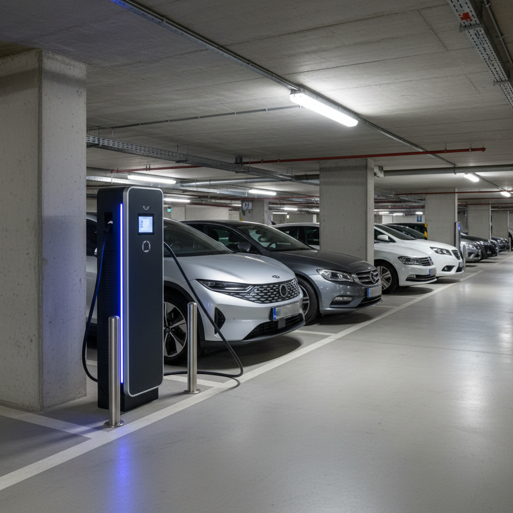 Image d'une borne de recharge pour véhicule électrique dans un parking souterrain de copropriété.