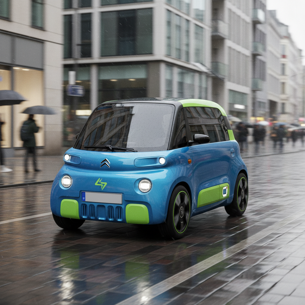 Une citadine électrique futuriste et compacte, aux lignes épurées, intégrant des éléments de design de Citroën, Fiat et Opel, circulant dans une rue de ville européenne moderne.