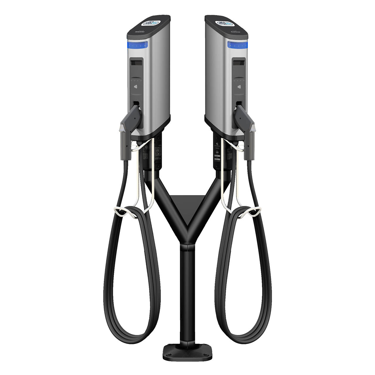 Une voiture électrique blanche branchée à une borne de recharge, avec plusieurs câbles de recharge visibles, symbolisant la diversité des modèles compatibles.