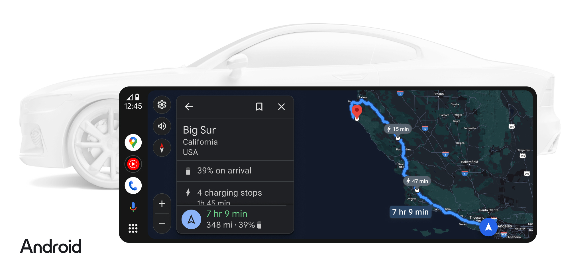 Un écran de tableau de bord de voiture affichant Android Auto avec Google Maps, montrant un itinéraire de navigation avec des icônes de stations de recharge électrique et des informations sur l'autonomie de la batterie.