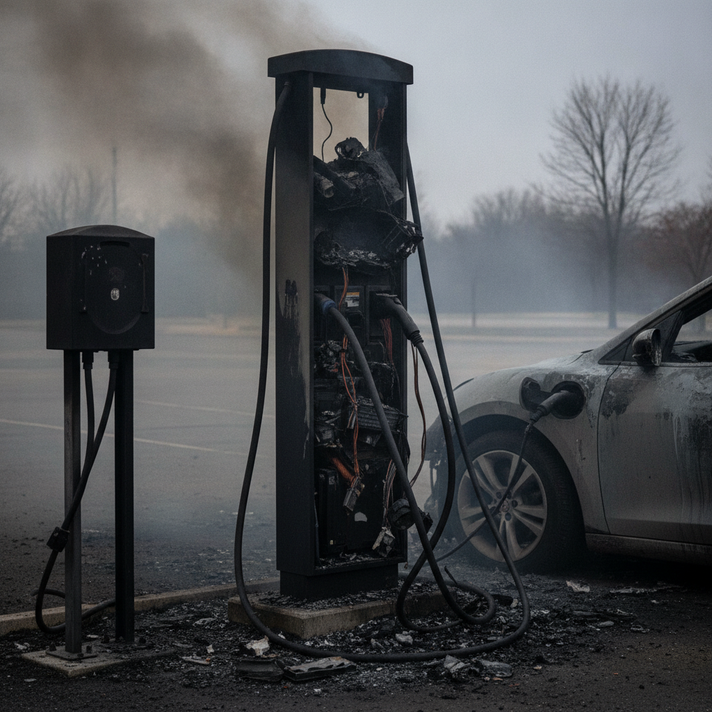 Image d'une borne de recharge de véhicule électrique en feu, avec de la fumée et des dégâts visibles, illustrant les dangers d'incendie.