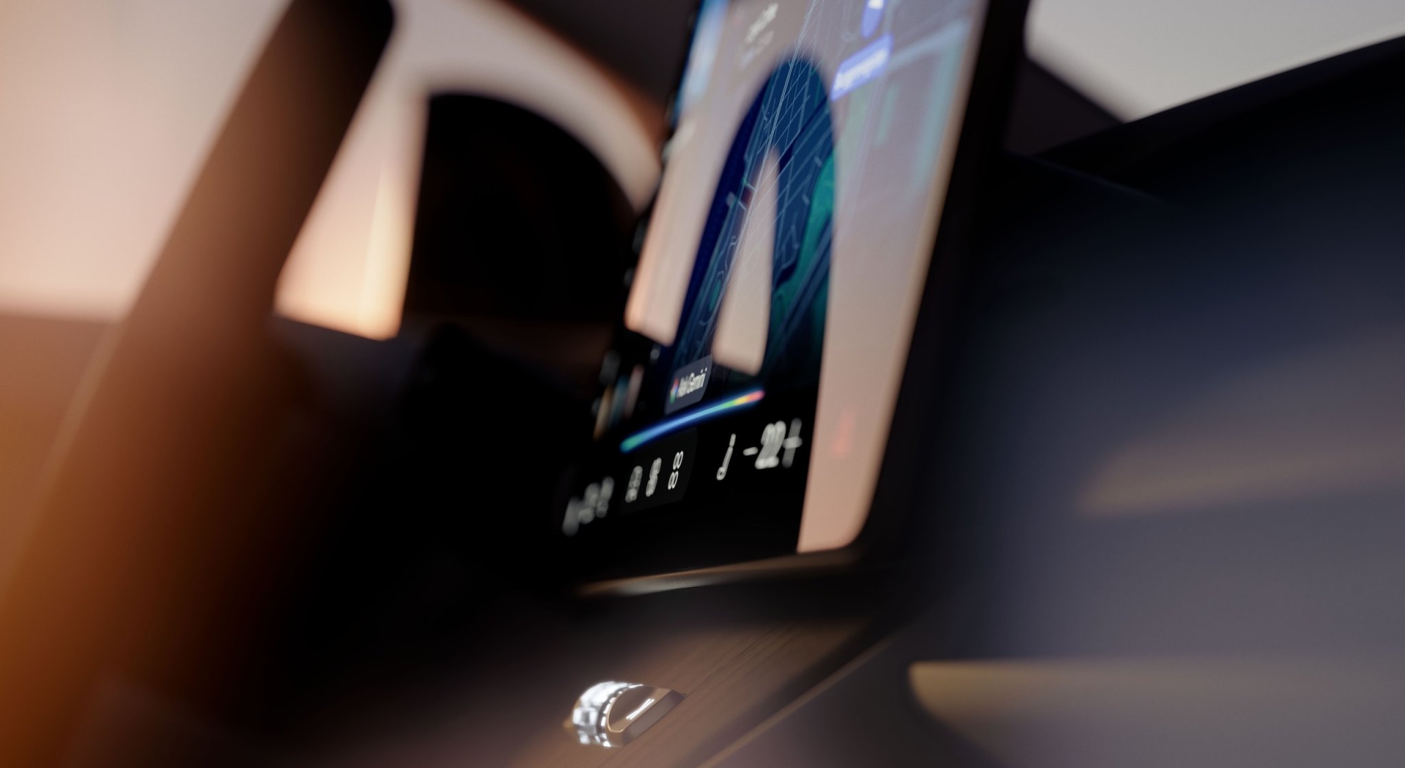 Vue de l'intérieur d'un Volvo EX60 avec l'écran central affichant l'interface Google Gemini.