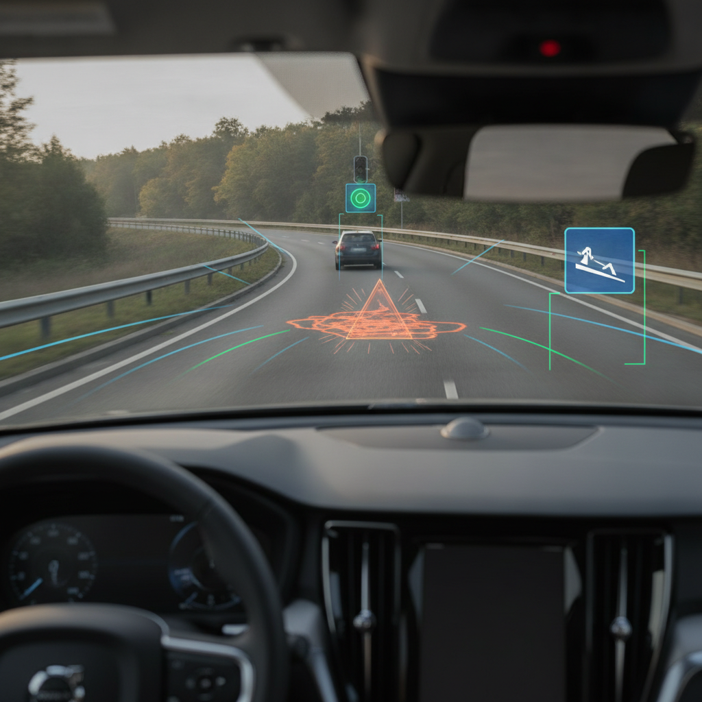 Représentation visuelle de l'IA du Volvo EX60 analysant la route, avec des éléments numériques superposés sur une scène de conduite.