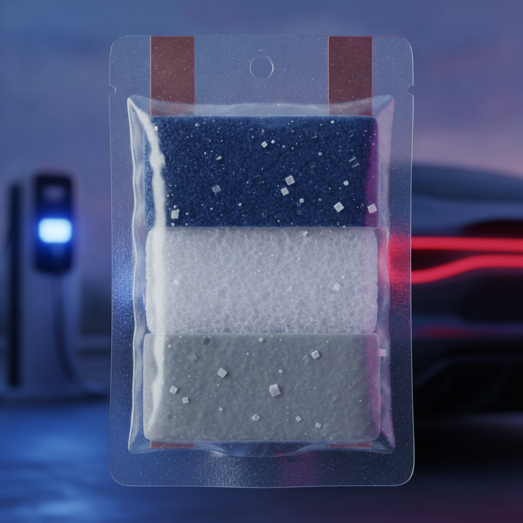 Image détaillée d'une cellule de batterie sodium-ion, avec un véhicule électrique en arrière-plan.