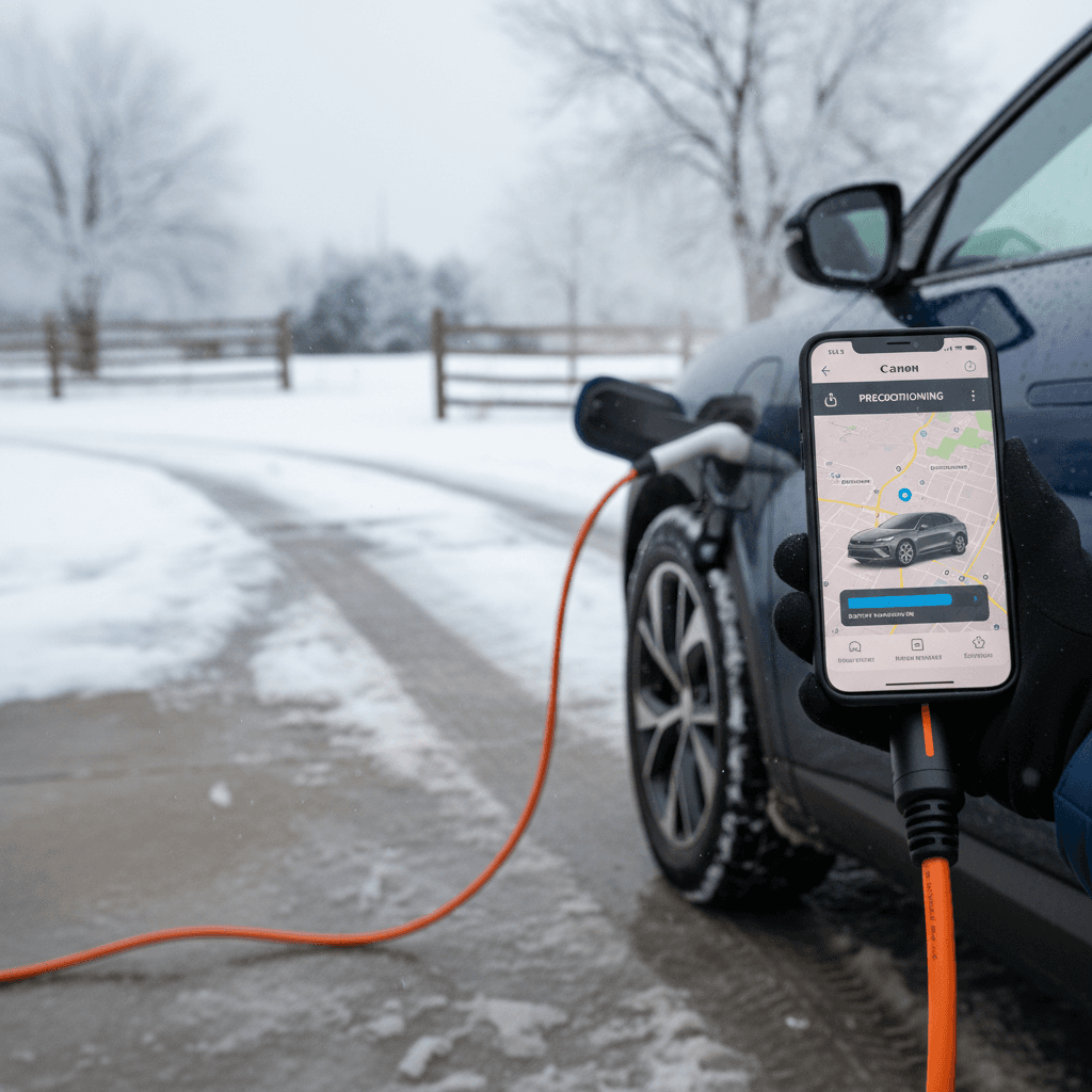 Une voiture électrique blanche garée dans la neige, avec un smartphone au premier plan affichant une application de contrôle du véhicule, symbolisant le préchauffage à distance.
