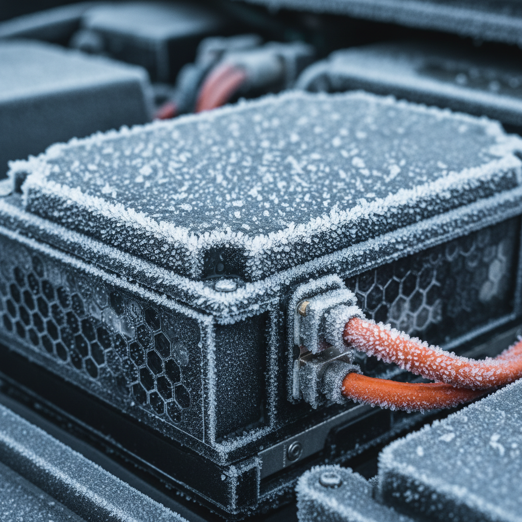 Gros plan sur une batterie de véhicule électrique recouverte de givre, illustrant l'effet du froid sur ses performances.