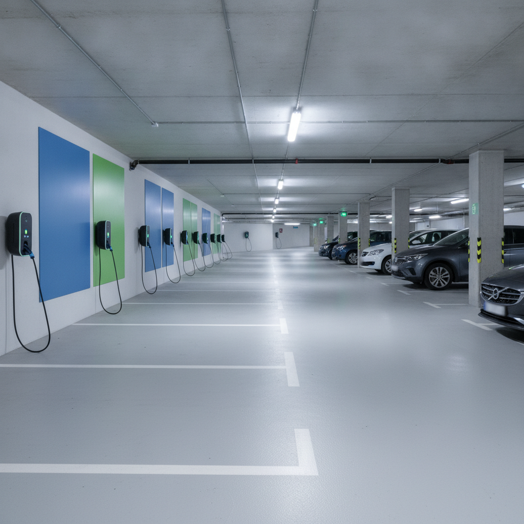 Photographie d'une infrastructure collective de recharge pour véhicules électriques dans un parking résidentiel, avec plusieurs points de charge.