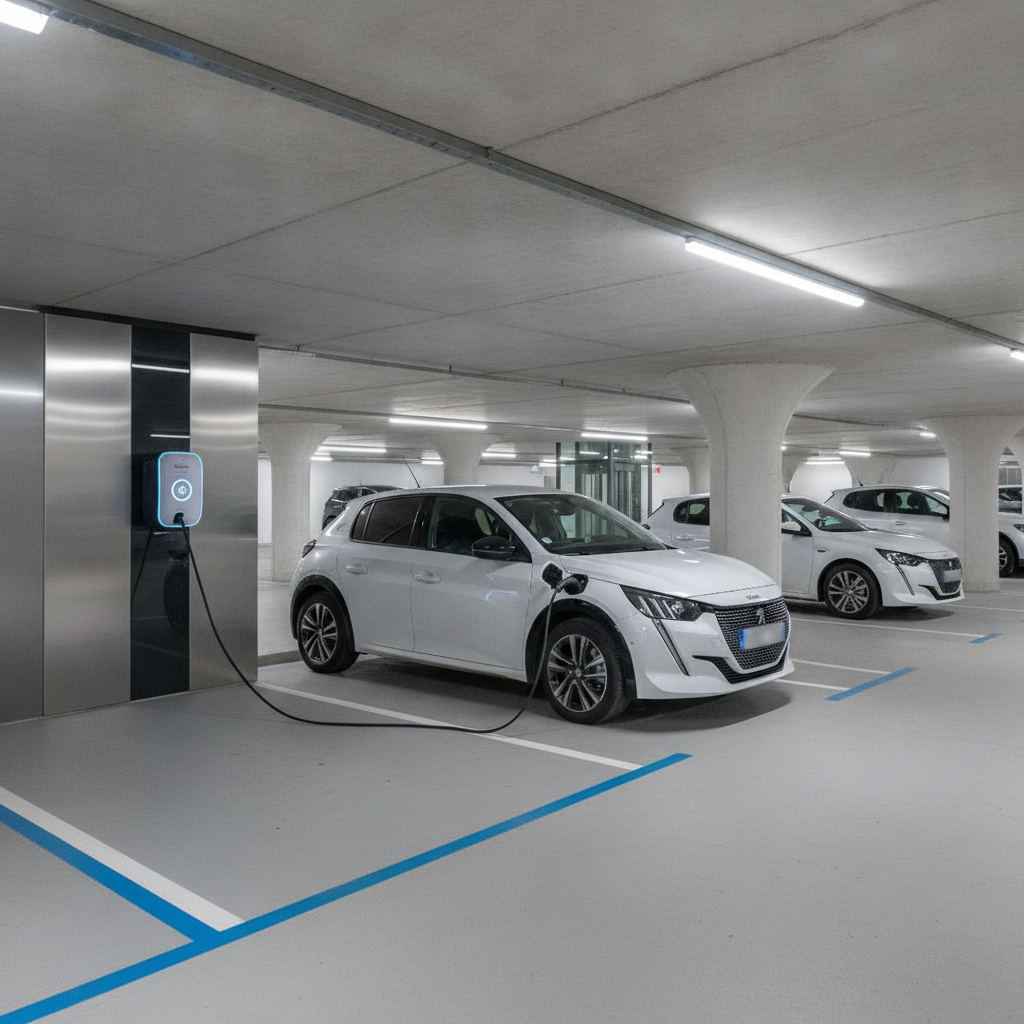 Image d'une borne de recharge pour véhicule électrique dans un parking souterrain résidentiel, avec une voiture branchée.