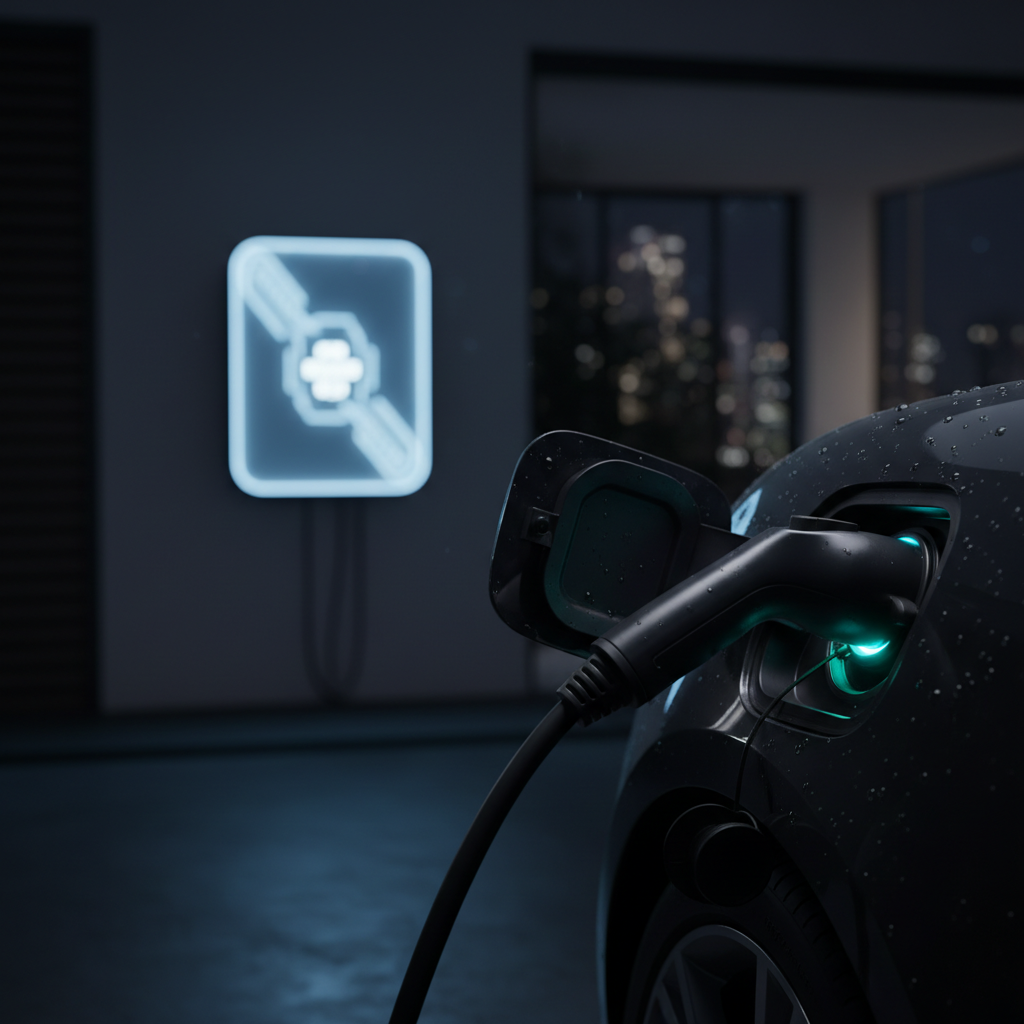 Un câble de recharge connecté à une voiture électrique la nuit, avec un indicateur lumineux de recharge en arrière-plan.