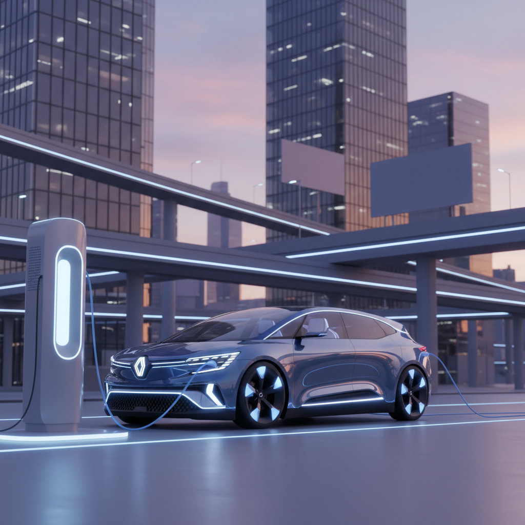 Un Renault Scenic 2028 futuriste en train de se recharger à une borne 800V, illustrant la rapidité de la nouvelle technologie de batterie.