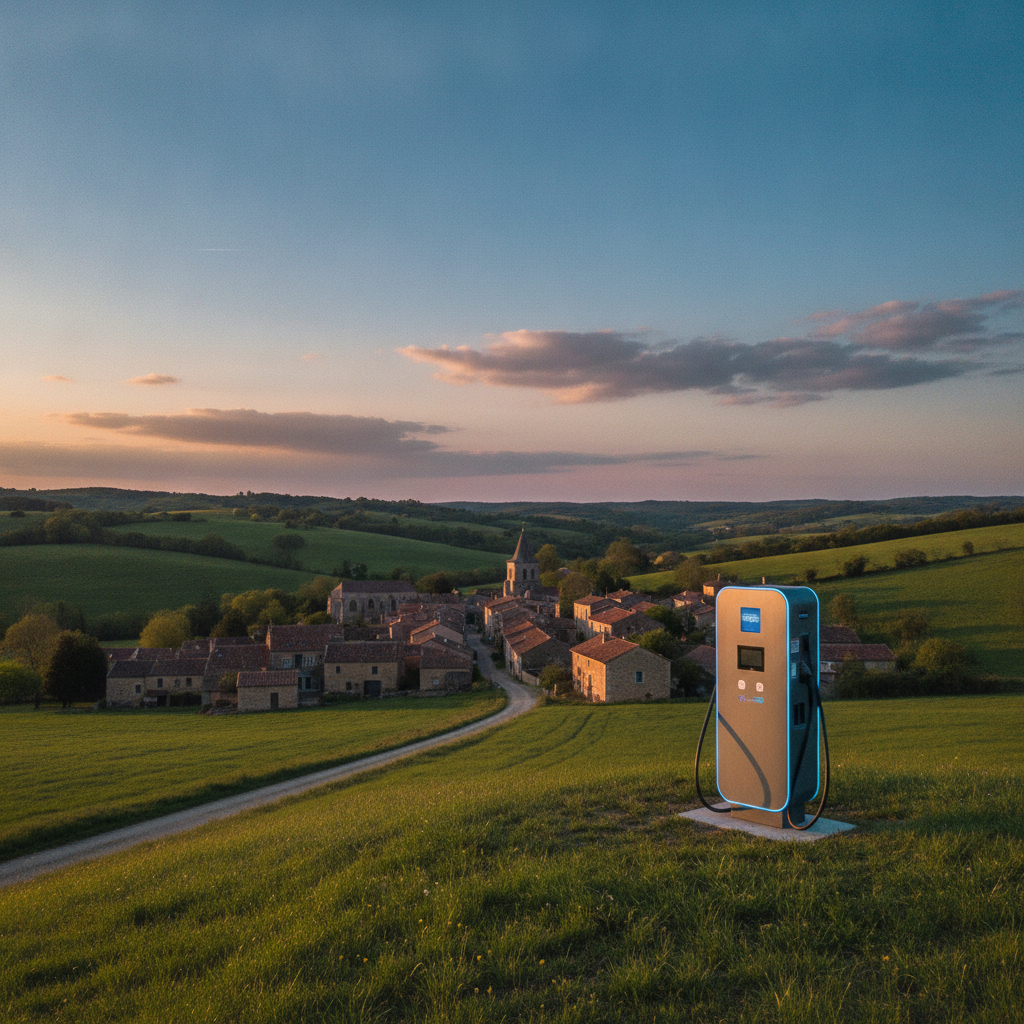 Image d'une borne de recharge pour véhicules électriques située seule au milieu d'un paysage rural français, avec des champs et des collines en arrière-plan.