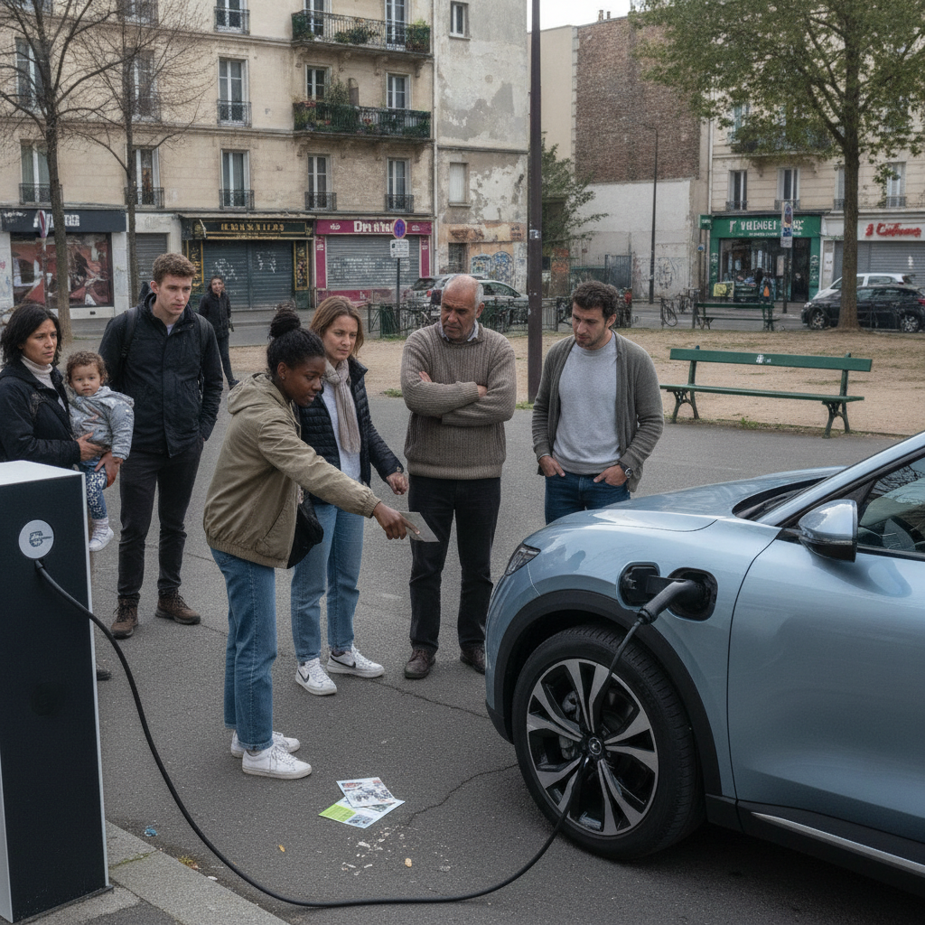 Un groupe de personnes de différents âges et milieux sociaux observant une voiture électrique, avec des expressions variées allant de l'intérêt à la préoccupation.
