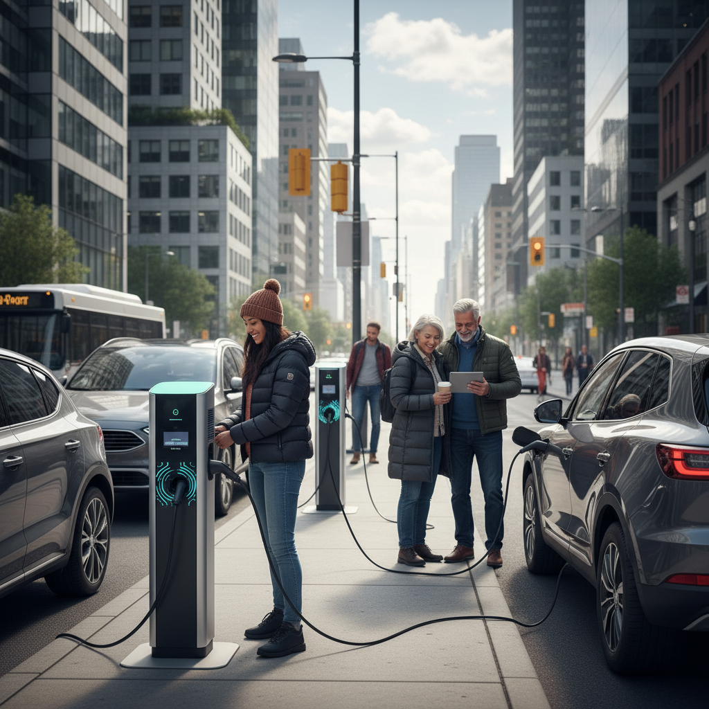 Plusieurs personnes d'origines diverses rechargent leurs voitures électriques à une station de recharge publique au Canada, avec des véhicules variés et une atmosphère urbaine animée.