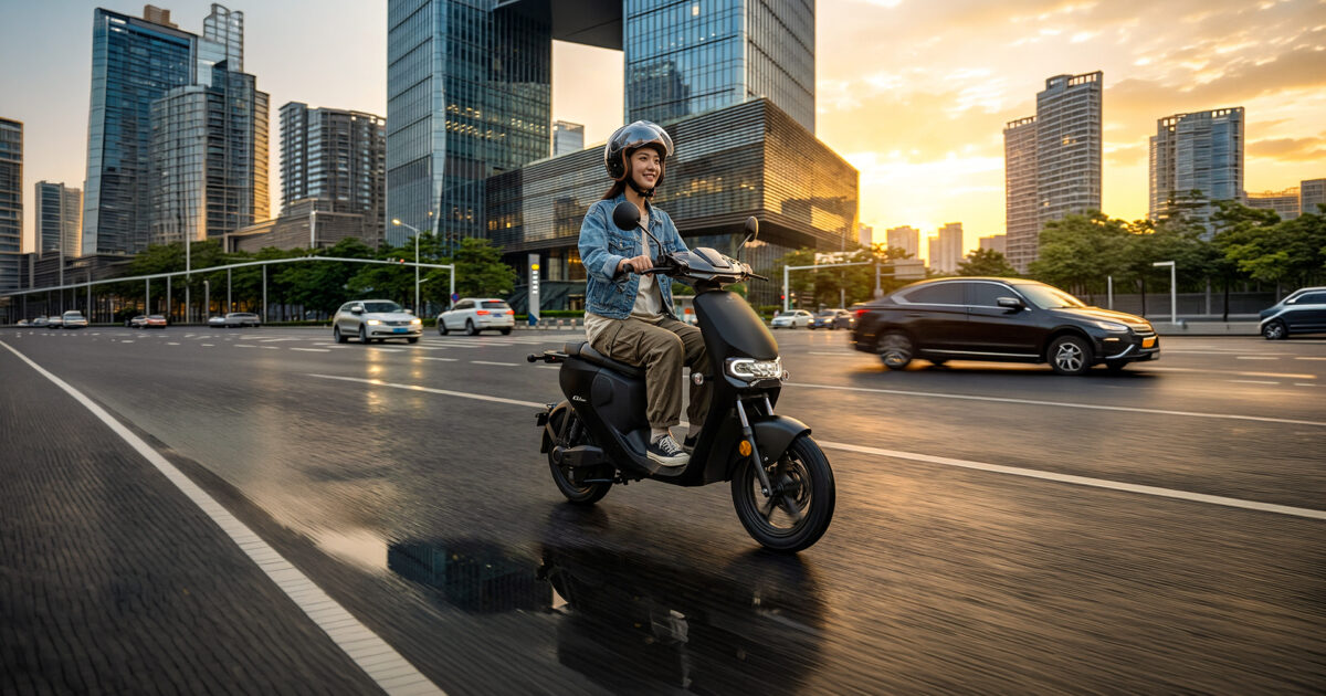 Deux scooters électriques VMoto, le CU et le CUmini, roulant dans une rue de ville animée, entourés de voitures et de piétons. Les scooters sont petits et agiles.