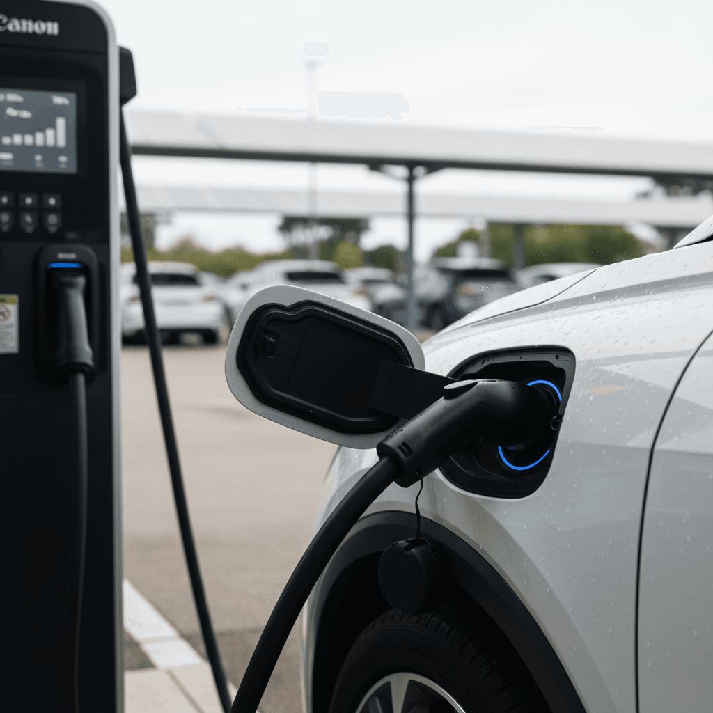 Une Audi Q4 e-tron 2026 branchée à une borne de recharge rapide, avec un écran affichant la progression de la charge.