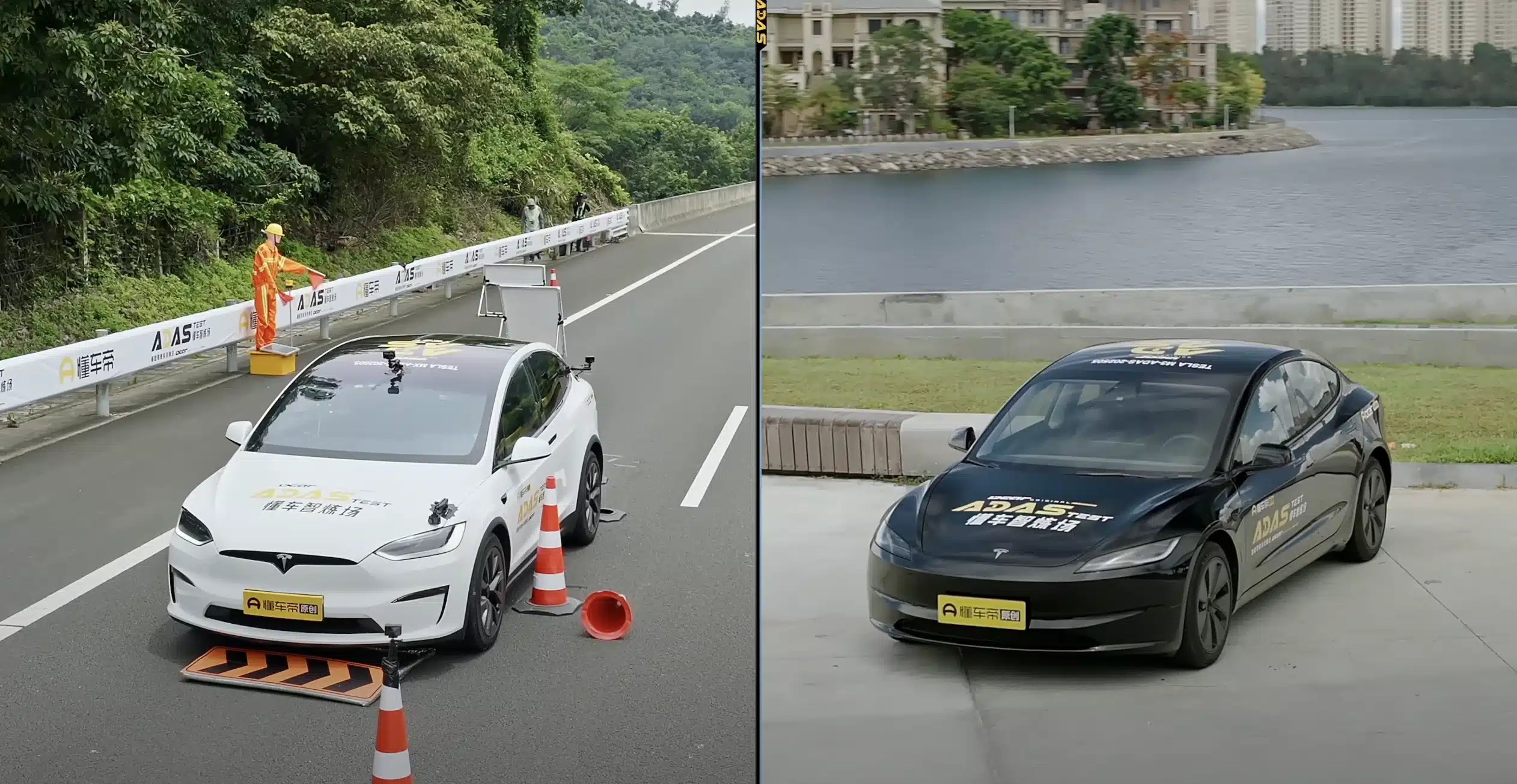 Une voiture électrique chinoise projette un message d'alerte de sécurité clair et lumineux sur la route sombre la nuit.