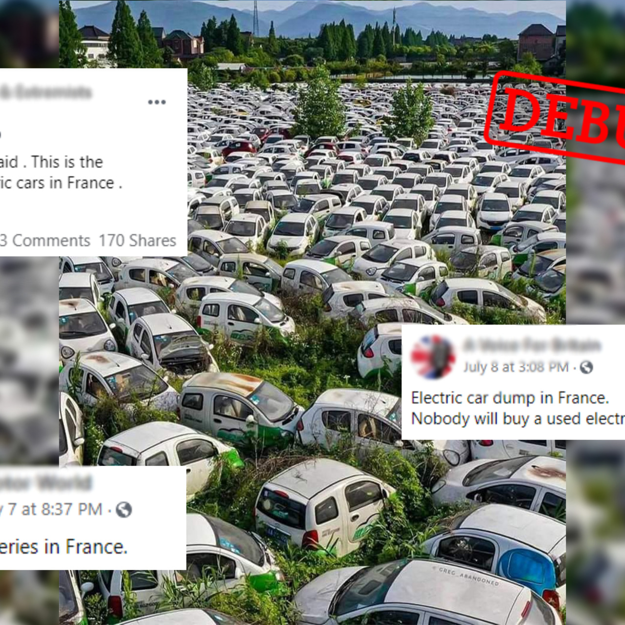 Une image montrant une vente aux enchères de voitures électriques en cours, avec des personnes examinant les véhicules et des commissaires-priseurs en action.