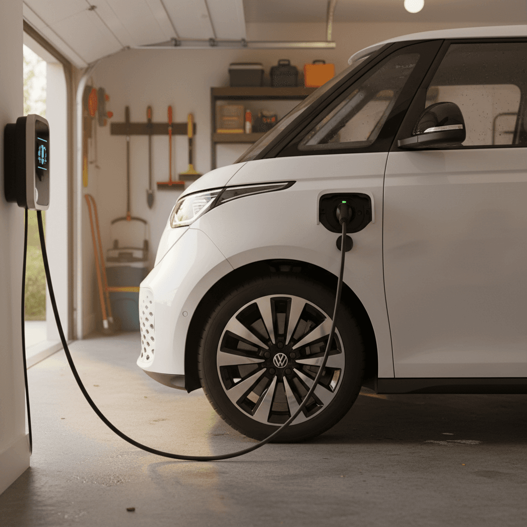 Image d'un Volkswagen ID.Buzz en feu lors d'une recharge, avec des flammes intenses et de la fumée.