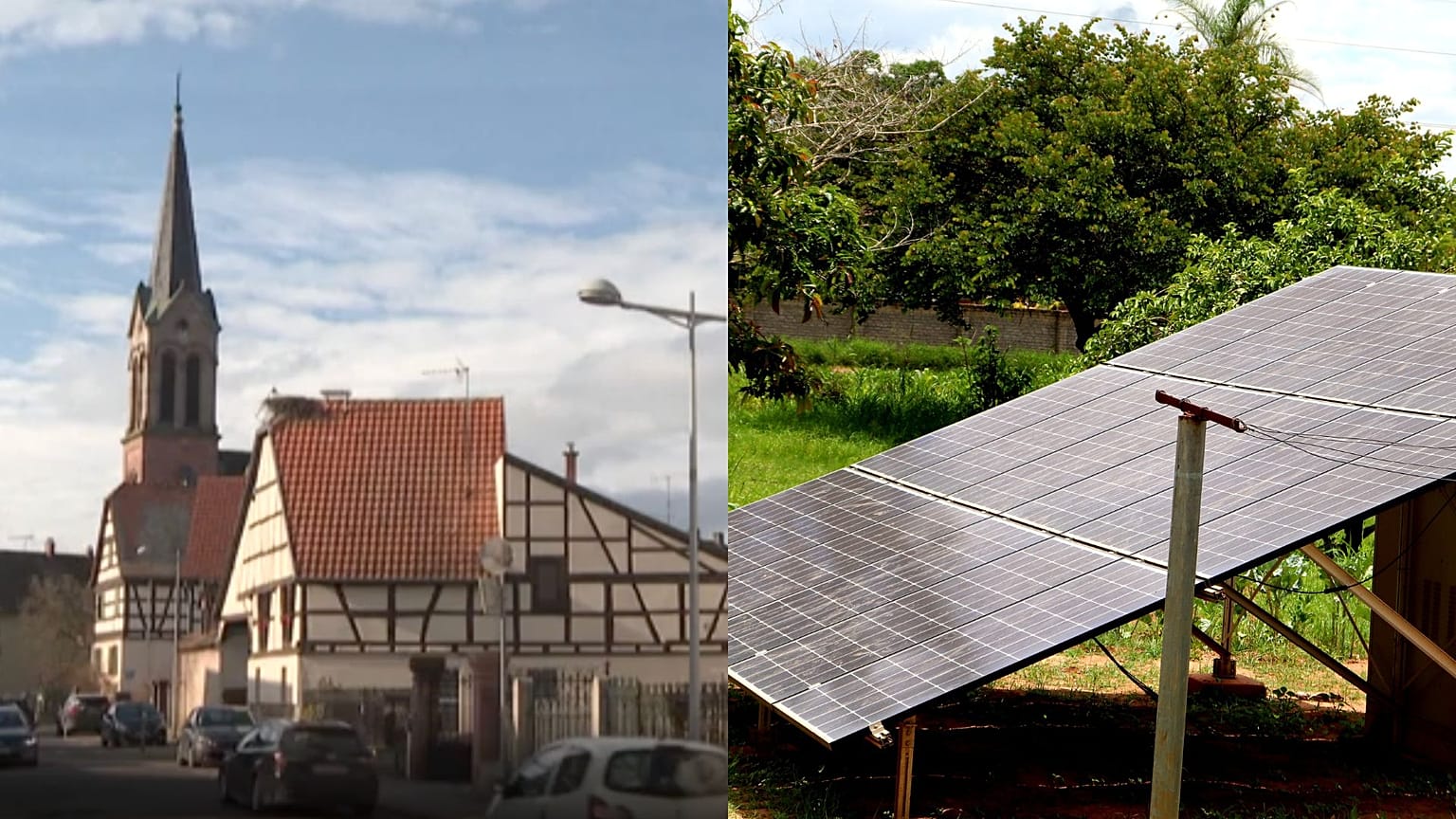 Panneaux solaires sur le toit d'un bâtiment municipal dans un village français, symbolisant la production d'énergie locale.