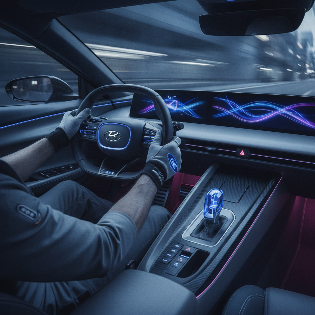 Gros plan sur les mains d'un conducteur sur le volant et un levier de vitesses manuel simulé dans l'habitacle d'une voiture de sport électrique Hyundai futuriste.