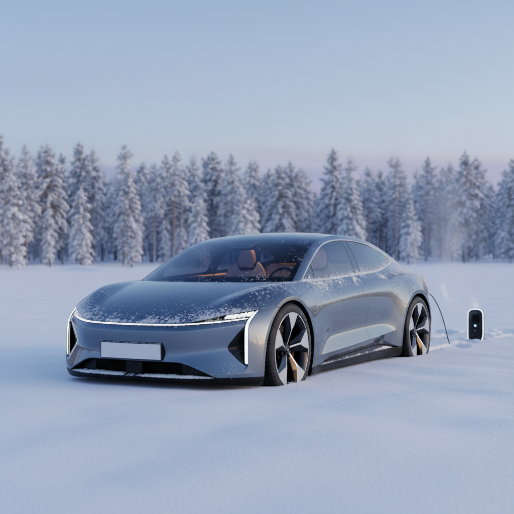 Une voiture électrique moderne, modèle 2026, garée dans un paysage hivernal enneigé et froid. La voiture est recouverte d'une légère couche de neige, et du givre est visible sur les vitres. L'arrière-plan présente des arbres enneigés et un ciel d'hiver clair et net.