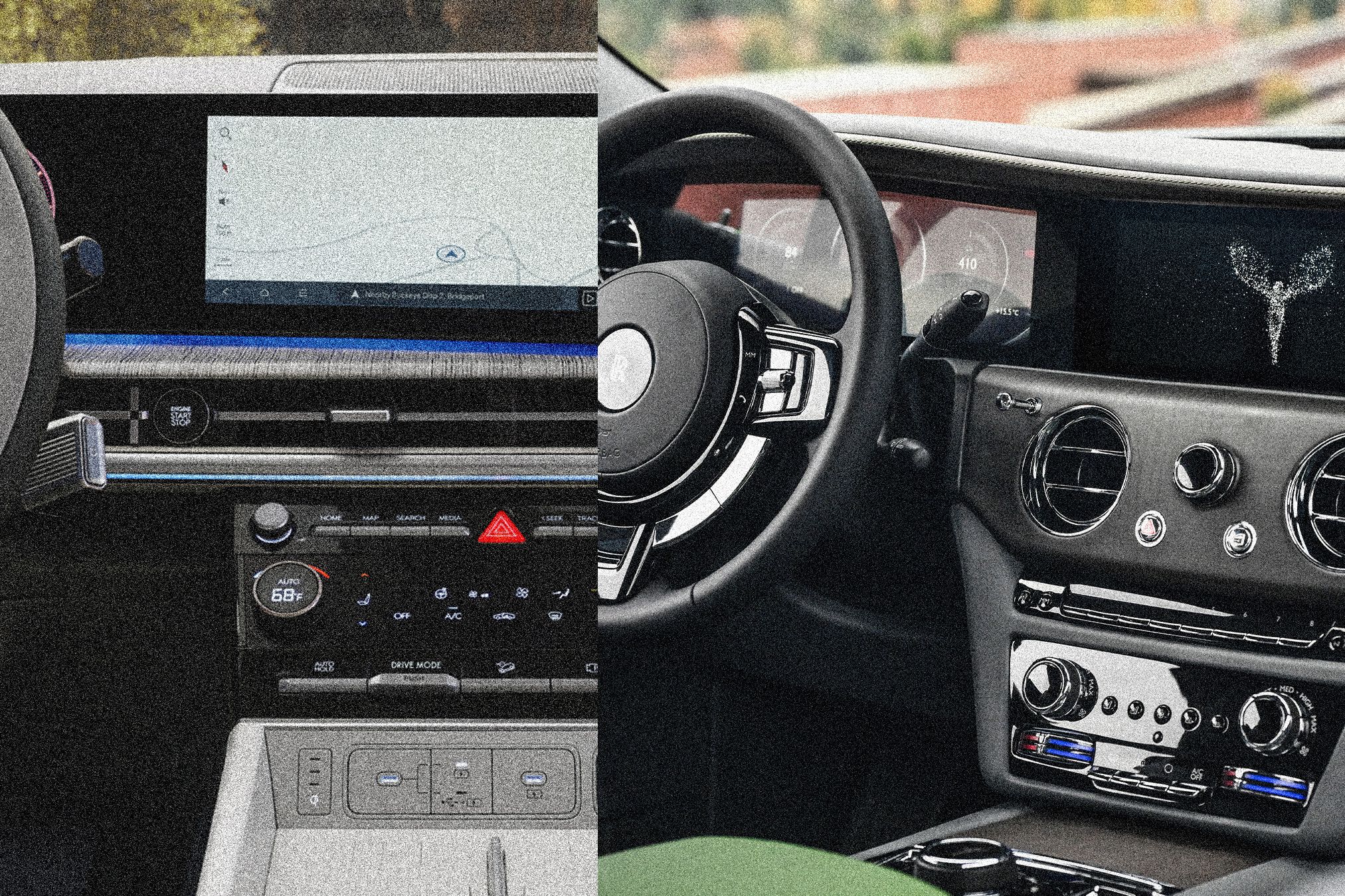 Tableau de bord d'une voiture moderne avec un mélange de boutons physiques pour les fonctions essentielles et un écran tactile central affichant une carte de navigation.