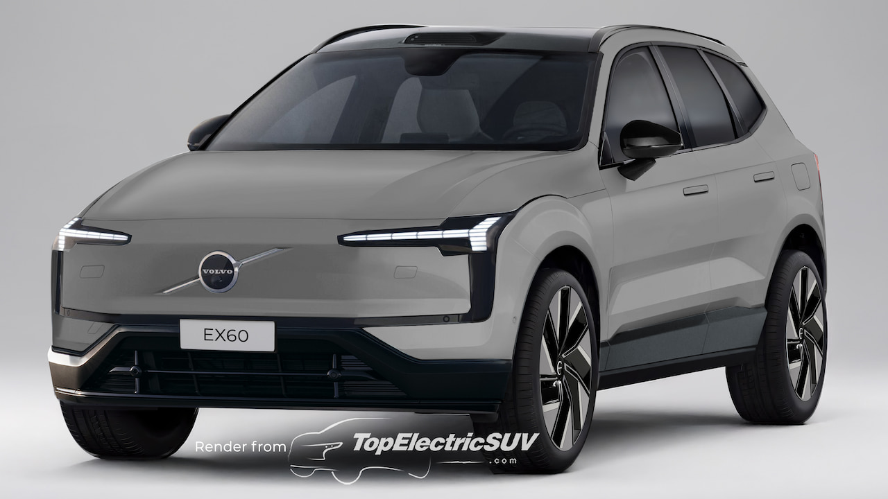 Un SUV électrique Volvo EX60 de couleur foncée, garé dans un environnement urbain moderne, mettant en valeur son design élégant et ses phares distinctifs.