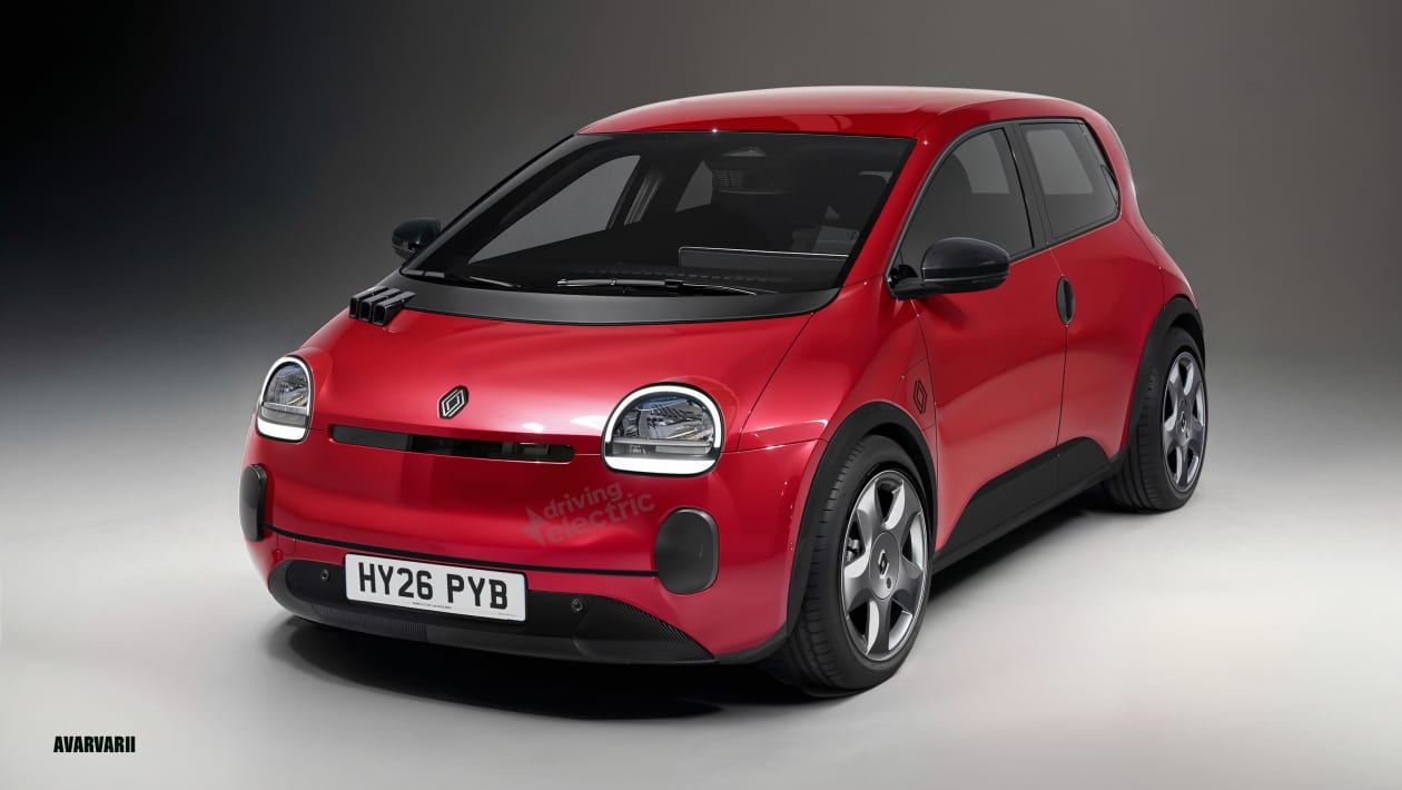 Une Renault Twingo électrique 2026 de couleur vive garée dans une rue pavée d'une ville européenne.
