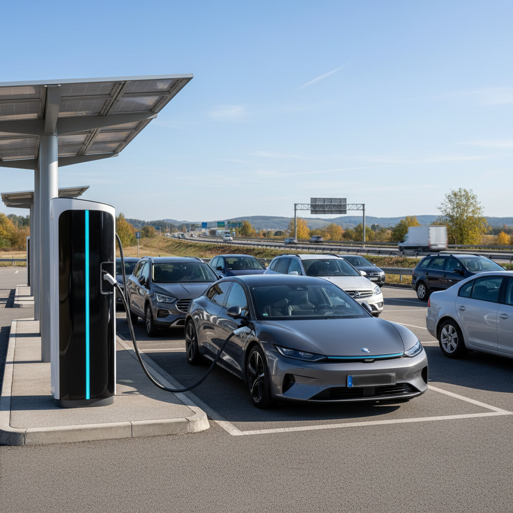 Une voiture électrique en charge à une borne rapide sur une aire de repos d'autoroute, avec d'autres véhicules en arrière-plan.