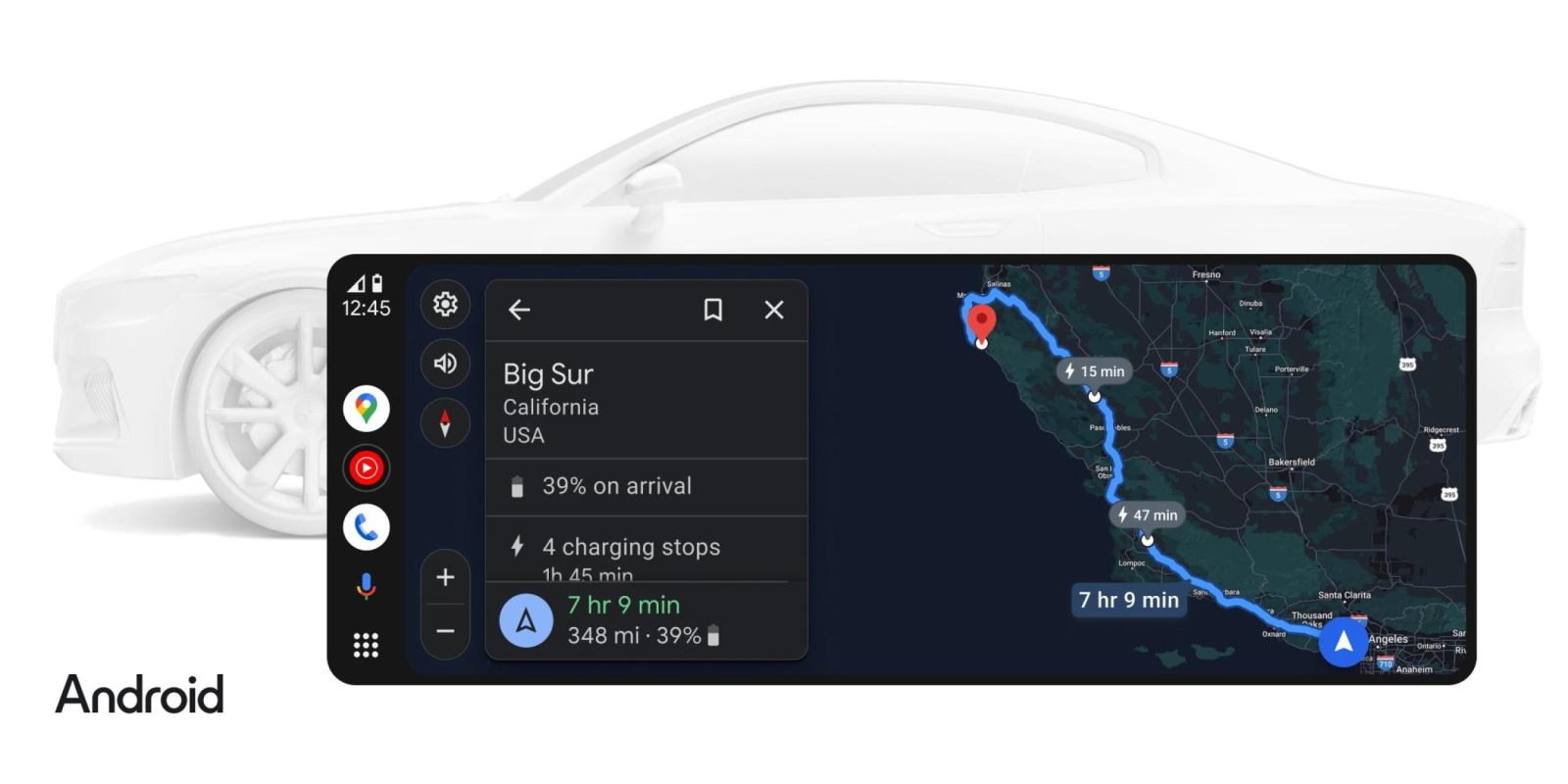 Un écran d'infodivertissement de voiture affichant Android Auto avec Google Maps, montrant des bornes de recharge pour véhicules électriques sur un itinéraire.